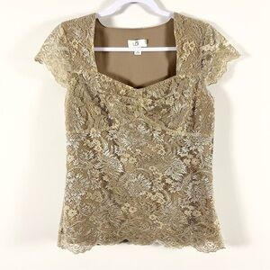 Ann Taylor LOFT Gold Fitted Cap Sleeve Blouse Size 8 Fairy Babydoll Lace Holiday